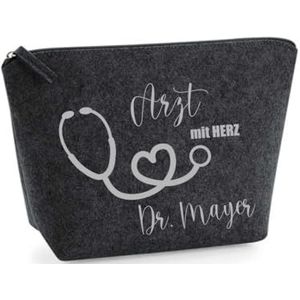 AWASG Cosmetische tas vilt - gepersonaliseerd met naam - make-up tas beauty bag - cadeau dokter arts met hart, donkergrijs, M (19 x 18 x 9 cm), make-uptas