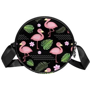 Ronde Crossbody Tas Zwarte Flamingo Messenger Bag Portemonnee voor Vrouwen, Meerkleurig, 6.7x6.7x2.3 in, Sling Rugzakken
