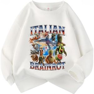 MAOXITCATY Kindertrui met ronde hals en cartoonprint tralalerotralala ontwerp, geschikt voor jongens in de basisschoolleeftijd,Wit,110cm