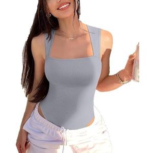 Mouwloze Tanktops Met Buikcontrole, Body's, Naadloze Body Met Hoge Taille En Vierkante Hals, Sexy Mouwloze Geribbelde Body Met Buikcontrole En Korte Mouwen(Gray,M)