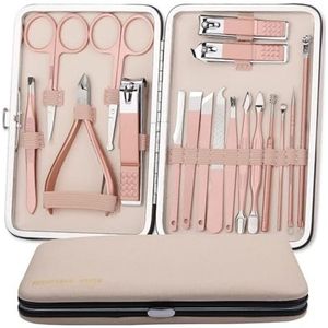 Professionele nagelknipperset 18-in-1 roestvrijstalen pedicureverzorgingsset met spatwaterdichte nagelknipper Reismanicureset met roze etui Manicure Pedicure Sets