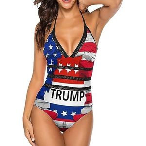 USA Vlag En Trump Verstelbare Zwemmen Kostuum Vrouwen V-hals Een Stuk Badpakken Buik Controle Terug Tie S