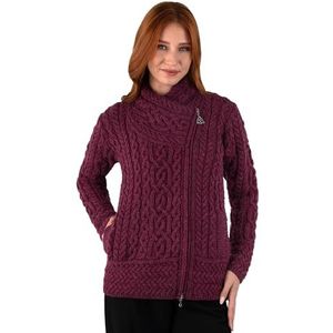 SAOL Ierse cardigan voor dames van 100% merinowol, Ierland, sweater, vlechtpatroon, ritssluiting, jas, fluweel rood, L