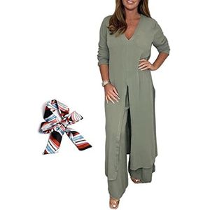 Casual tweedelige pak met lange top en bijpassende broek, fitnesssets voor dames, 2-delig, Groen, XL