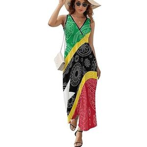Saint Kitts en Nevis paisley vlag casual maxi-jurk voor vrouwen V-hals zomerjurk mouwloze strandjurk L