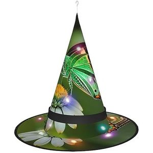 SSIMOO Green Leaf Kleurrijke Vlinder Dames Halloween Heksenhoed - Led Light-Up Cap - Ideaal voor feesten en rollenspellen