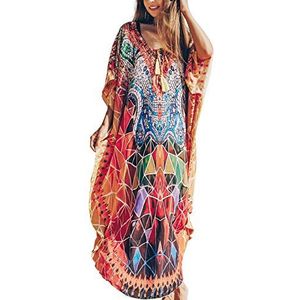 YouKD Dames Zomer Bohemian Lange Kaftan Etnische Patroon Maxi Jurk Strand Bikini Cover Ups Sunblock