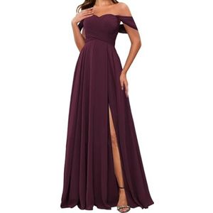 HPPEE Off-shoulder chiffon bruidsmeisjesjurken met split voor vrouwen mouwloze strapless avond formele jurk, Pruim, 32