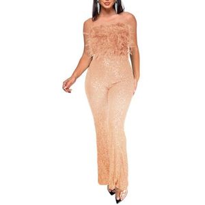 KWISUAWHGA Sexy Jumpsuit met Off-Shoulder Pailletten En Veren voor Dames, Mouwloos Glinsterend Wijd Uitlopende Broek Romper Feestkleding En Clubkleding,Champagne,XL