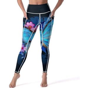 Blauwe vlinder flora dames yogabroek hoge taille legging buikcontrole workout running legging XL