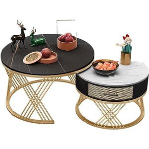 MAXCBD Leisteen ronde salontafel combinatie, ronde nesttafel set van 2, stapelbank bijzettafels, met een lade (kleur: zwart)