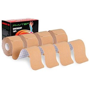PHYTOP K Tape kinesiology Tape 5m - Physio Tape Strips - BEIGE Sports Tape Ideal for Muscle & Joints & Tendons 20 Pre-Cut Knee Support Tape 25cm x 5cm (4 Pack)