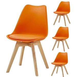 Stoelen in Scandinavische stijl, set van 4, eetkamerstoelen, PU-leer, kussens, beukenhouten poten, zijstoelen, krukken met rugleuning voor keuken, lounge, kantoor Orange