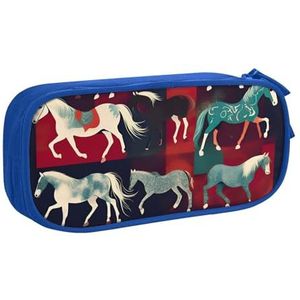Yyoretp Grote Capaciteit Verschillende Soorten Paarden Print Potlood Case, Dubbellaags Rits Make-up Pouch Potlood Box Organizer., Blauw, Eén maat, Beauty Case