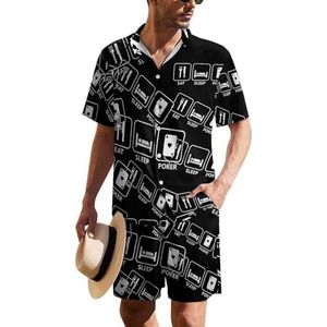 Eat Sleep Poker Hawaïaans pak voor heren, set van 2 stuks, strandoutfit, shirt en korte broek, bijpassende set