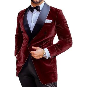 Heren fluwelen pak blazer slim fit kerst jas prom smoking jas inkeping revers bruiloft feest gekleed, Bordeaux, XS