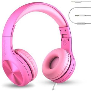 LilGadgets Hoofdtelefoon voor kinderen voor school - roze over-ear gevlochten snoer headset, volumebeperkende microfoon en ruisonderdrukking - SharePort Audio delen voor kinderen bedrade hoofdtelefoon