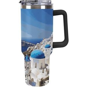 40 oz beker met handvat Santorini Grieks eiland zeezicht roestvrijstalen koffiemok herbruikbare reismok lekvrije geïsoleerde autobeker grote capaciteit beker voor reizen, buiten, thuisgebruik (zwart)