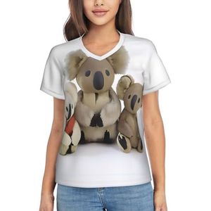 3D Koala Prints Dames V-hals T-shirts - Casual Korte Mouw Tops Losse Fit Ademend Zomer Tees, Wit, S