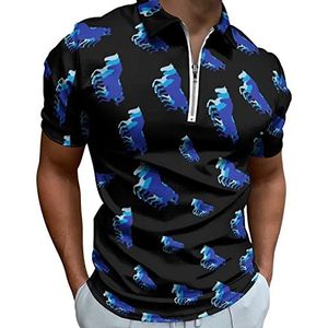 Blauw Retro Paard Silhouet Half Zip-up Polo Shirts Voor Mannen Slim Fit Korte Mouw T-shirt Sneldrogende Golf Tops Tees L