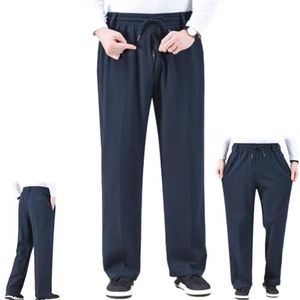 GAGFDA Heren elastische taille broek voor ouderen, heren katoenen pull-on broek hoge taille comfortabele rechte been werkbroek met ritszakken, Donkerblauw, XL