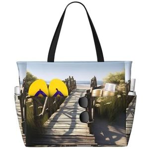 DJHVJS Bruin houten patroon gedrukt Grote Strandtas Mode Zip Handtas Dames Tote Bag, Houten Brug, Eén maat