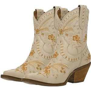 Lmtossey Dames geborduurde westernlaarzen denim bloemenprint blokhak instaplaarzen, Beige, 42 EU