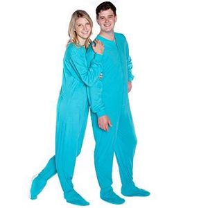 BIG FEET PAJAMA CO. Eendelige katoenen pyjama voor volwassenen en voeten met buikflap voor mannen en vrouwen, Turkoois, S