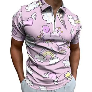Roze Eenhoorns Donut Regenboog Heren Polo Shirt met Rits T-shirts Casual Korte Mouw Golf Top Classic Fit Tennis Tee