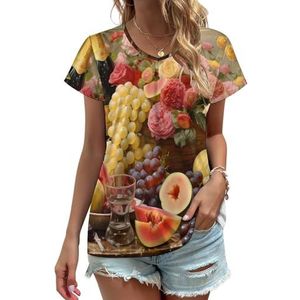 Rode wijn & fruit dames V-hals T-shirts leuke grafische korte mouw casual T-shirt tops S
