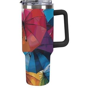 STVNKML 40 oz beker met handvat kleurrijke paraplu roestvrijstalen koffiemok herbruikbare reismok lekvrije geïsoleerde autobeker grote capaciteit beker voor reizen, buiten, thuisgebruik (zwart)