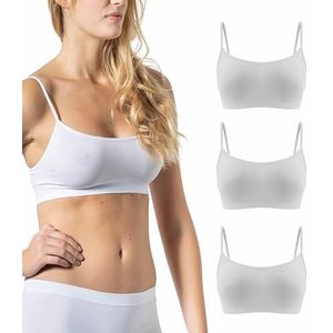 Risalti BH zonder beugel, smalle schouders, 3 stuks - bralette voor dames van microvezel, Brassiere top voor dames, elastisch, naadloos ondergoed voor dames, made in Italy, wit-wit, S/M