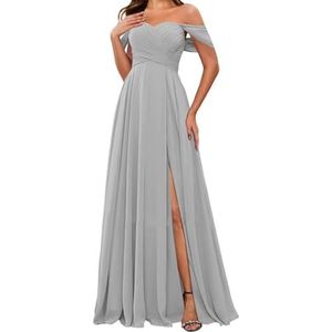 HPPEE Off-shoulder chiffon bruidsmeisjesjurken met split voor vrouwen mouwloze strapless avond formele jurk, Zilver, 32