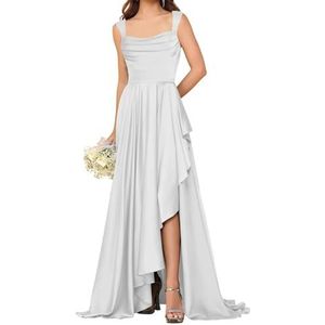 HPPEE Satijnen bruidsmeisjesjurken voor dames met split ruches vloerlengte korset mouwloze formele feestjurk, Wit, 34