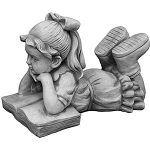 gartendekoparadies.de Liegend meisje met boek, stenen figuur H. 22 cm, 8 kg, grijs, vorstbestendig gegoten steen voor buiten