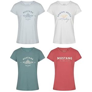 MUSTANG Dames T-shirt 4-pack slim fit ronde hals basic korte mouwen logoprint zomer shirt 100% katoen wit blauw groen rood S M L XL XXL, Kleurmix 4, XXL