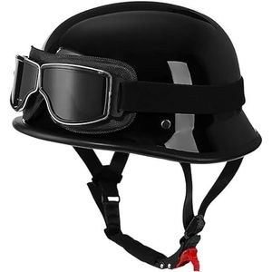 Retro Motorhelm Leren Helm Jethelmen Vintage Bromfietshelm Met Bril Duitse Stijl Motorcruiser Scooterhelm ECE-Goedkeuring D,M/(57~58cm)
