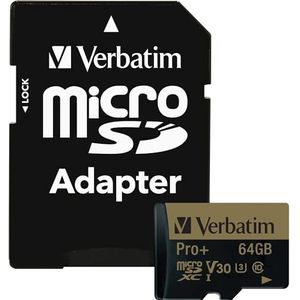 Verbatim Pro+ U3 Micro SDXC - 64 GB geheugenkaart, voor 4K Ultra HD video-opname, UHS-3-snelheid, met MicroSD naar SD-adapter, zwart