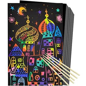 Scratch Paper Art Set, 50 vellen Rainbow Magic Kraskunst zwart papier ambachten tekenborden vel met 5 bamboe stylus voor kinderen DIY Kerstmis Verjaardag Gift Card