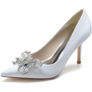 EICOFF Dames trouwschoenen voor bruiden, parel hoge hakken, gesloten puntige neus, instap, bruidsmeisje, gasten, jurk pumps schoenen,Zilver,35 EU