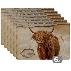 Placemats - 6 stuks - 45x30 cm - Schotse hooglander - Retro - Krant