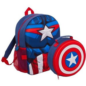 Captain America Rugzak Met Afneembare Lunch Tas Water Fles Houder Jongens Bijpassende 2 Stuk Set Terug Naar School, Blauw, Eén maat, Rugzak