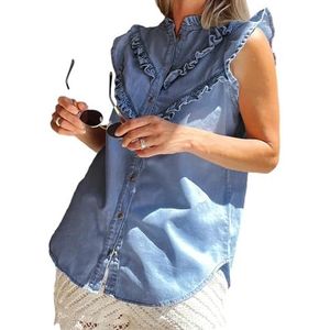 QOUERUUE Dames Denim Shirt Mouwloze Ruches Button Down Zomer Casual Trendy Jean Tanktop,Dark blue,L