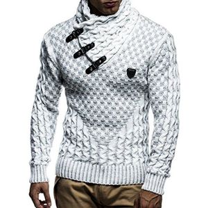 Leif Nelson Gebreide herentrui met lange mouwen, slimfit shirt, basic sweatshirt met sjaalkraag en kunstleer, Ecru Grijs, M