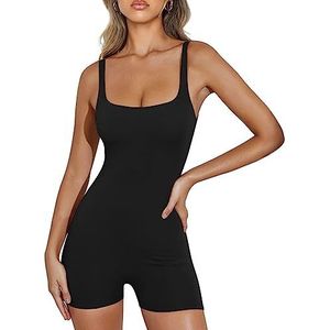 RPAEOY Jumpsuit voor dames, kort, nauwe overall, vierkante hals, naadloos, eendelig, bodysuit, zomer, overalls, eendelig, yoga, workout, sport, stretch, romper, playsuit, zwart, M