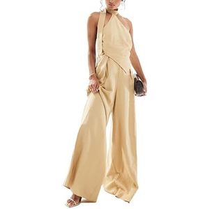 OHERUWKLS Dames Rugloze Veters Mouwloze Haltertop En Wijde Pijpen Broeken 2-Delige Sets,Khaki,L