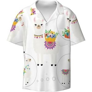 TyEdee Lama-print herenoverhemden met korte mouwen en zak, casual overhemd met knopen, zakelijk overhemd, Zwart, 4XL