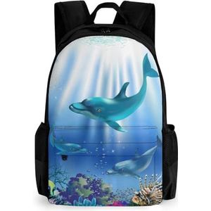 Cartoon Underwater World Dolphins Coral 16 Inch Laptop Rugzak Grote Capaciteit Dagrugzak Reizen Schoudertas voor Mannen & Vrouwen
