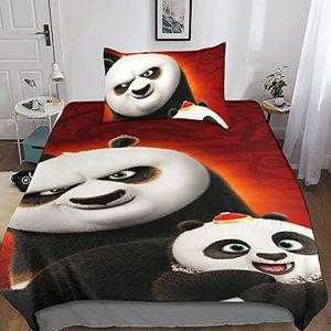 BRILLX Kung Fu Panda Beddengoed Dekbedovertrek Set Microvezel Dekbed, 3D-print, dekbedovertrek met 2 stuks, set kussenslopen voor kinderen, volwassenen met ritssluiting, zacht eenpersoonsbed (135 x 200 cm)