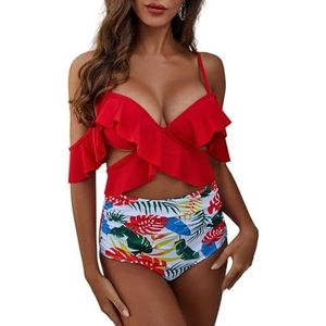 HFYRBDKSPI Vrouwen 2-delige bikini sets met bloemenprint, spaghetti-pijpen, ruches, hoge taille badpak,Rood,S